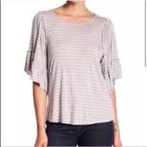 Bobeau Womens Size XS Crew Neck Flutter Sleeve Top Blouse Gray Striped Ruffled